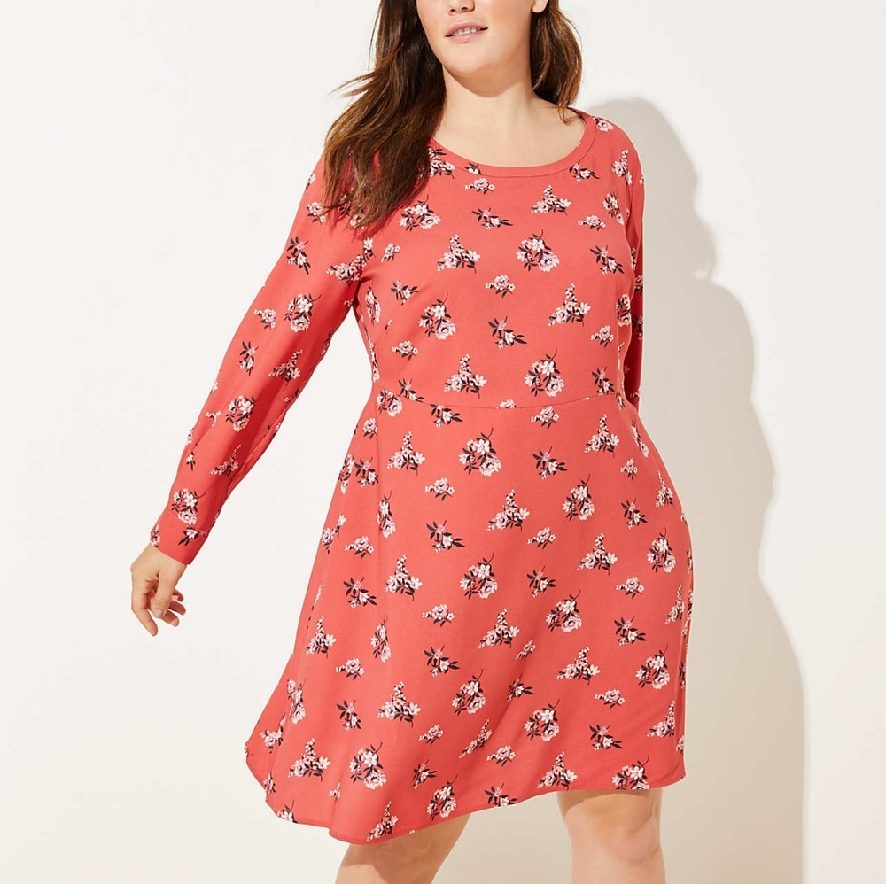 Loft Plus Floral Pleated Cuff Flare Dress